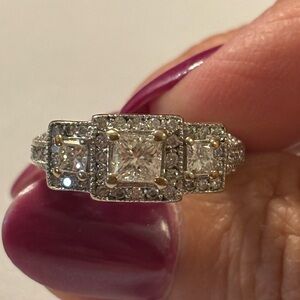 14KT White Gold 3 Stone Halo Style Wedding Ring Size 7